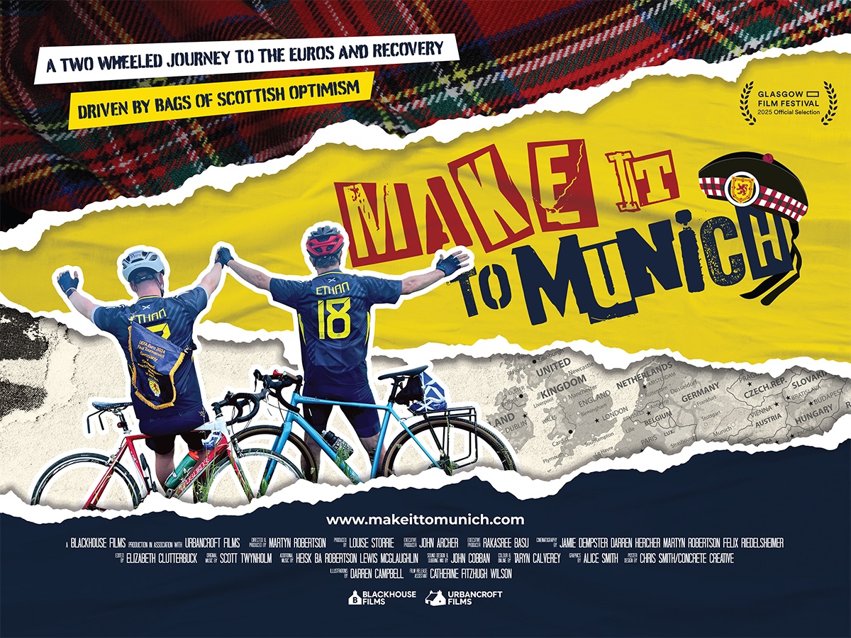 Make it to Munich Film Poster: Two men holding hands standing in front of their bikes against a torn paper effect background.